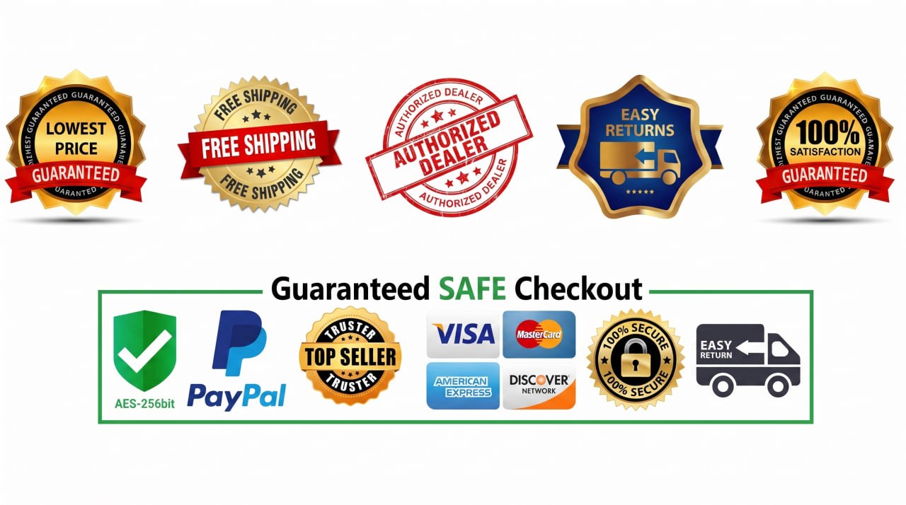 Lowest price guaranteed, free shipping, authorized dealer, easy returns, 100% satisfaction guaranteed. Guaranteed safe checkout: secure encryption, PayPal, Visa, Mastercard, American Express, Discover.